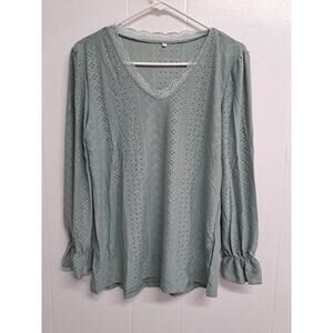 Womens Lace V Neck Puff Long Sleeve Eyelet Tops Dressy Business Casual Size‎ M